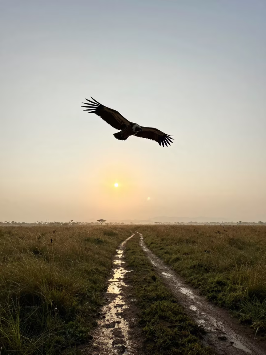 Vulture Circling Savanna at Wet Season Sunset in along a game trail near Colombo