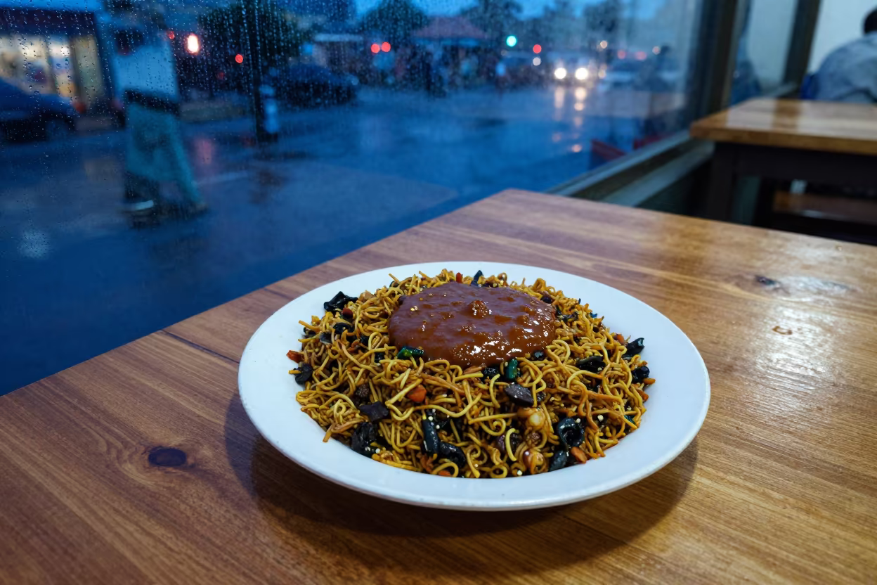 Waakye with Shito in Jaffna Diner in at a roadside diner table in Jaffna
