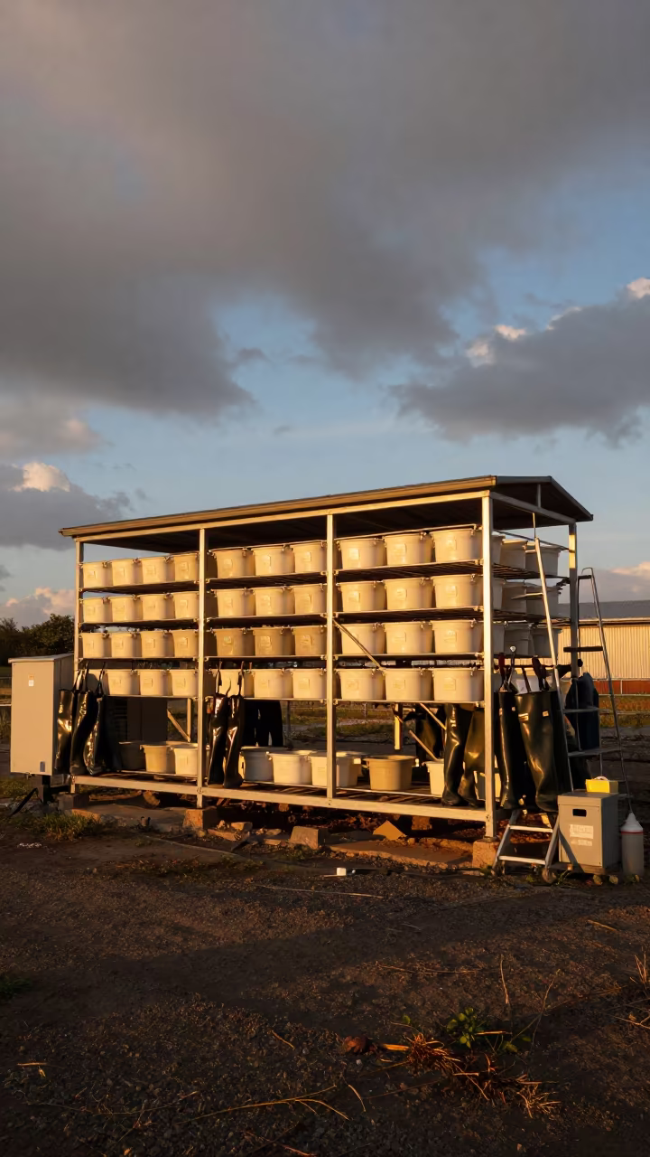 Waders and Buckets Drying on Nagoya Platform in on a wind-scoured research platform near Nagoya