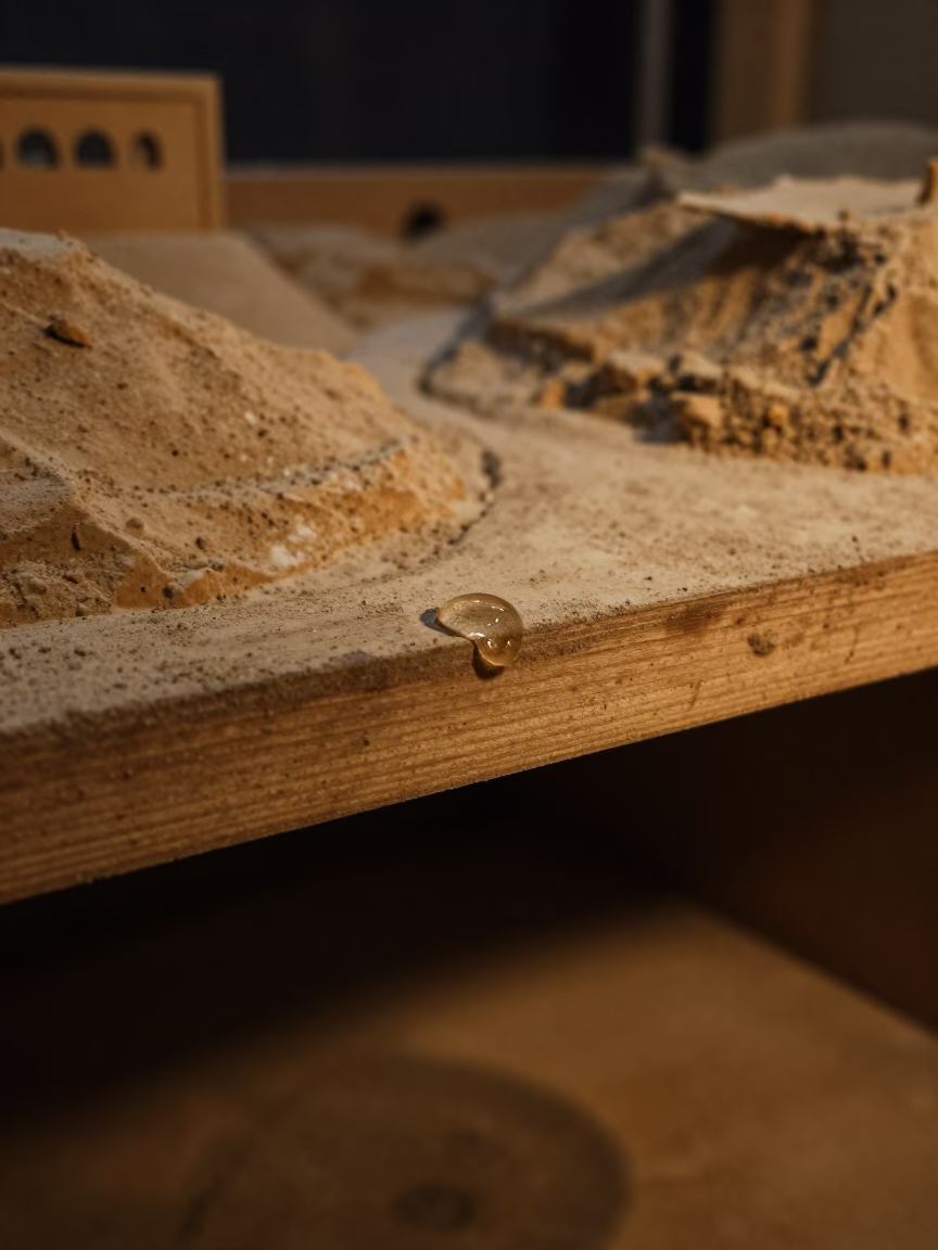 Wadi Water Droplet on Workshop Shelf in on a workshop shelf near Cairo