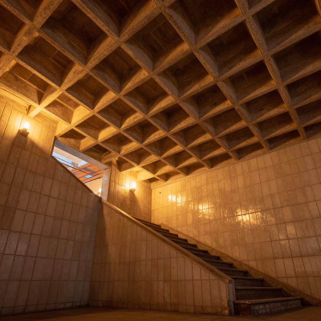 Waffle Concrete Ceiling in Suzhou Stair Hall in inside a tiled stair hall in Suzhou