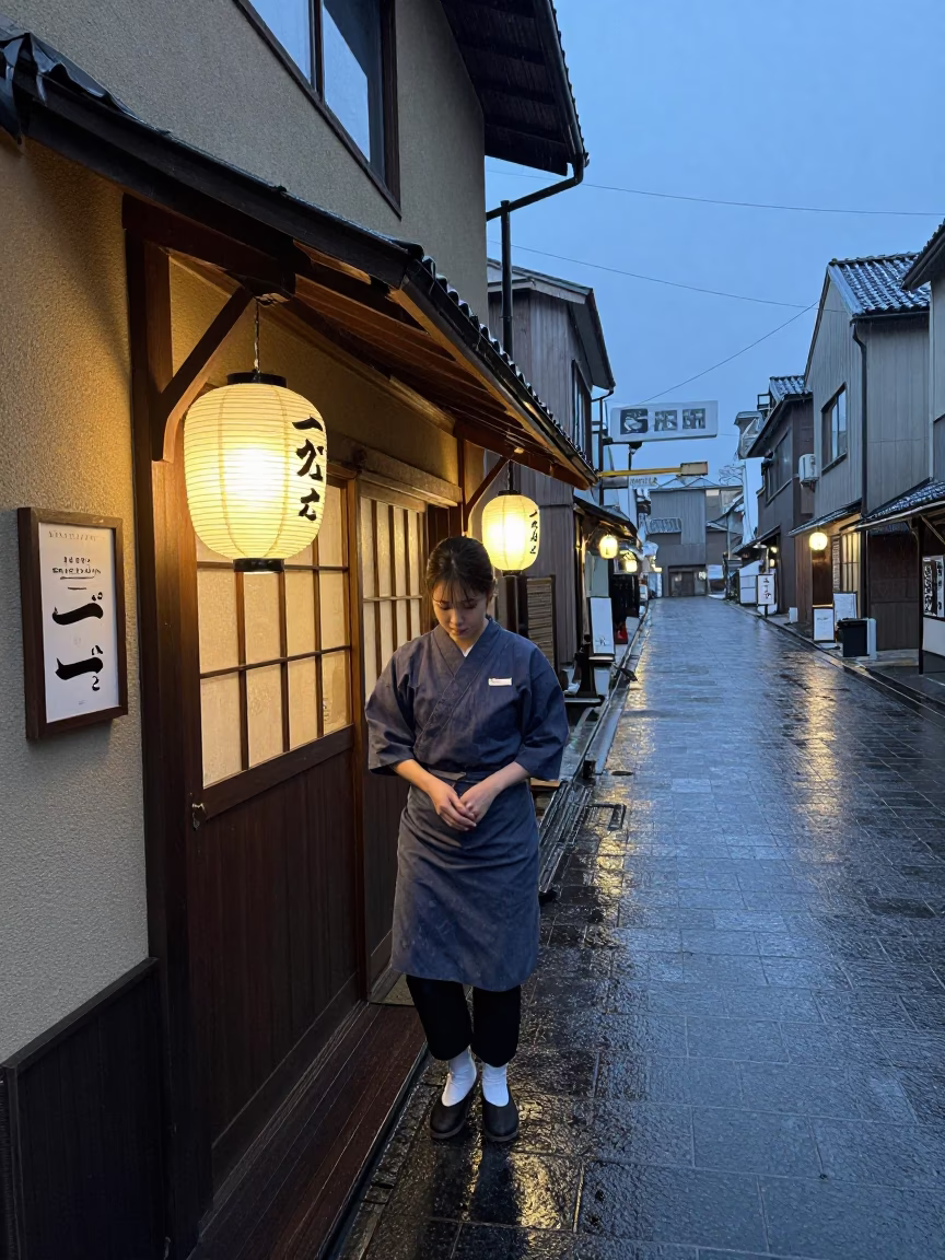 Waitress in Sapporo at Dusk Light in in Sapporo, Japan