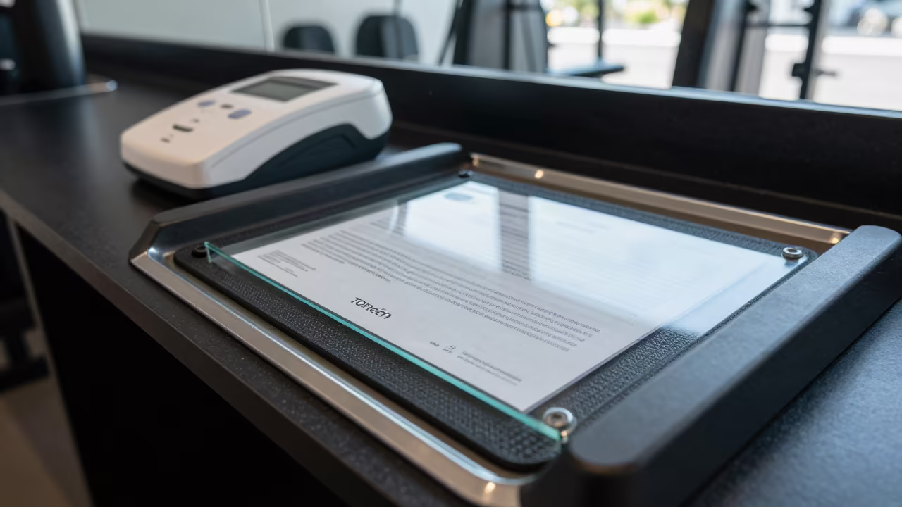 Waiver Scan Tray Reflections in Spin Studio in inside a spin studio under class lights near Torreón