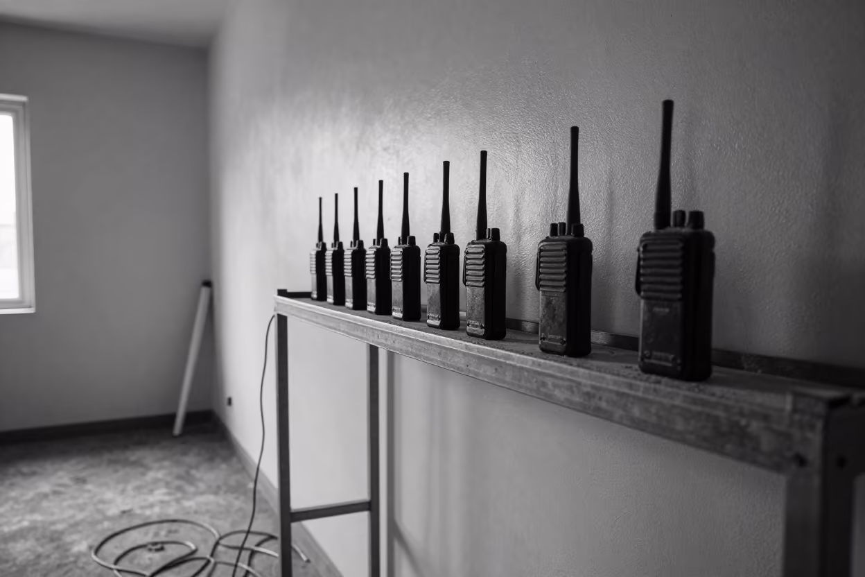 Walkie Charger Shelf Before Morning Turnover in in a renovation zone under temporary light in Assam