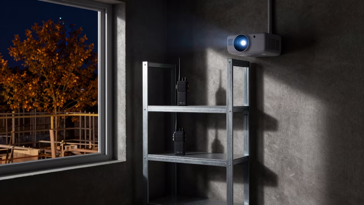 Walkie Charger Shelf Before Night Turnover in inside a bare shell stair tower in Connecticut