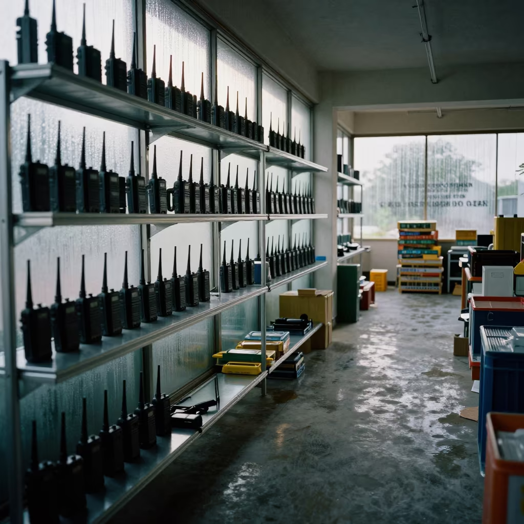 Walkie Charger Shelf Before Sunrise Turnover in in a renovation zone under temporary light in Panama