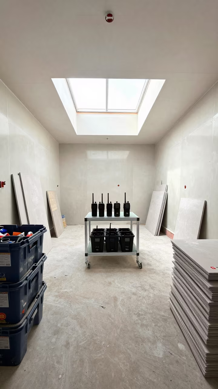 Walkie Charger Shelf Drywall Staging Liaoning in at a drywall staging area in Liaoning