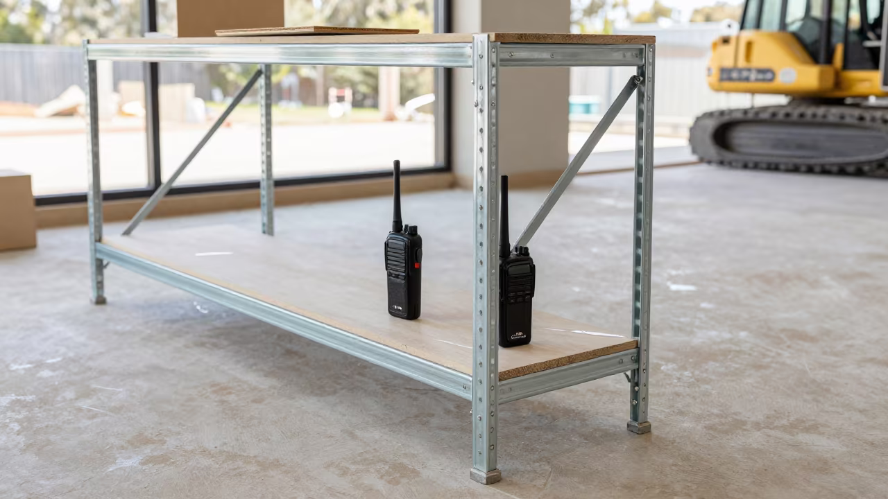 Walkie Charger Shelf Winter Renovation Tasmania in in a renovation zone under temporary light in Tasmania