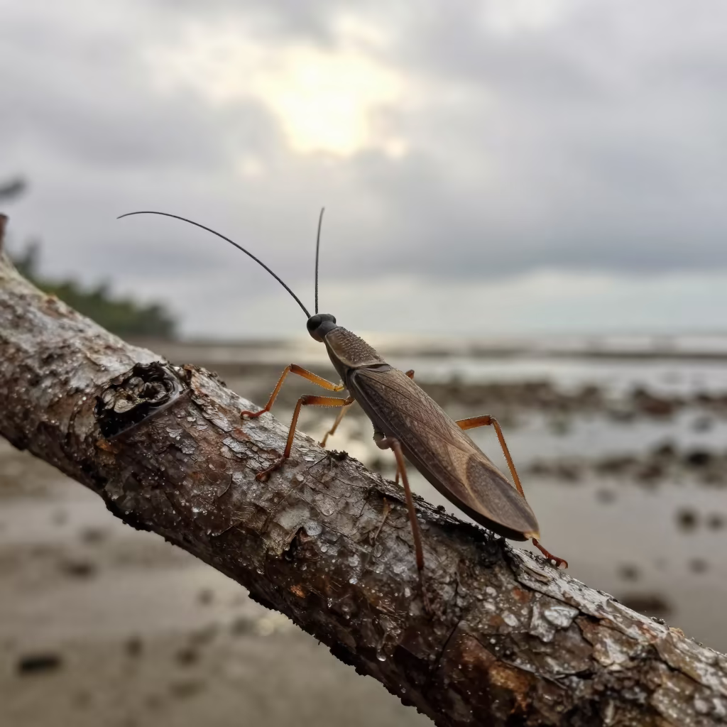 Walking Stick Insect Mimicking Bark Texture Detail in beside a tidal inlet in Trinidad and Tobago