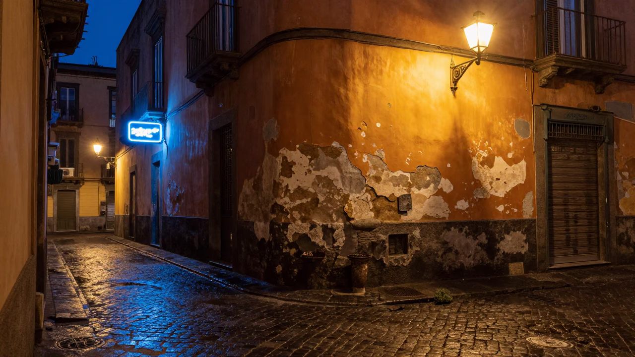 Wall And Wet Cobblestone after dark in Naples in in Naples, Italy
