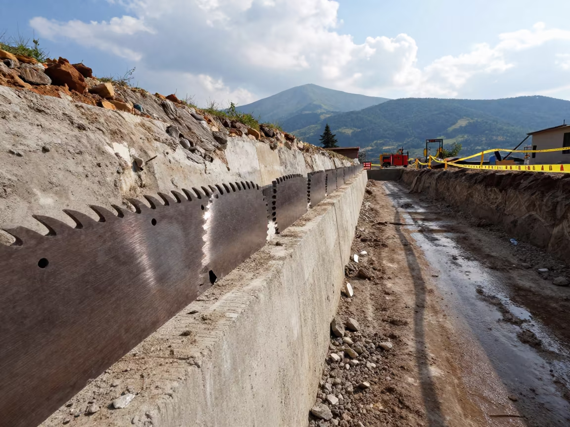 Wall Saw Blade Tin at Excavation Edge Perugia in inside a taped-off excavation edge near Perugia