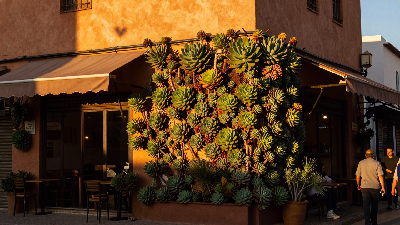 Wall Succulents in Casablanca at Honeyed Evening Light in in Casablanca, Morocco