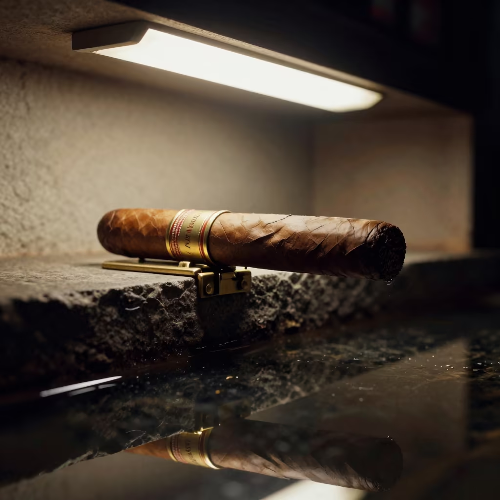 Walnut Cigar Mold on Mirror Water Ledge in on a stone ledge in Jakarta