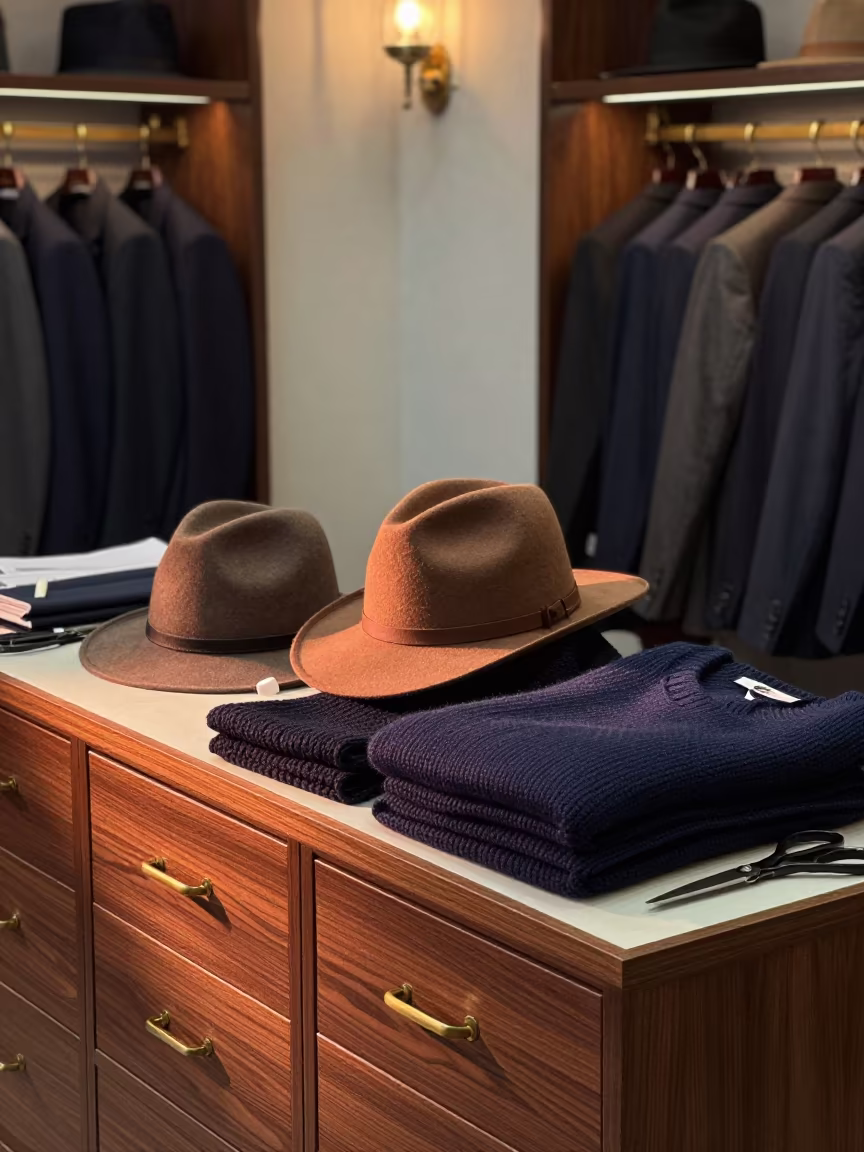 Walnut Drawers and Felt Hats in Copper Light in at a tailoring table strewn with chalk and shears near Ahmedabad