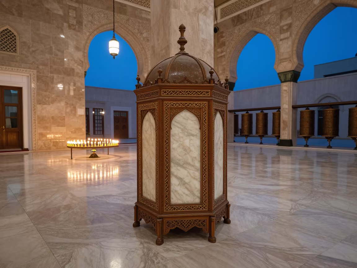 Walnut Minbar with Ivory Inlays in Abu Dhabi Mosque in beside a prayer wheel corridor in Abu Dhabi