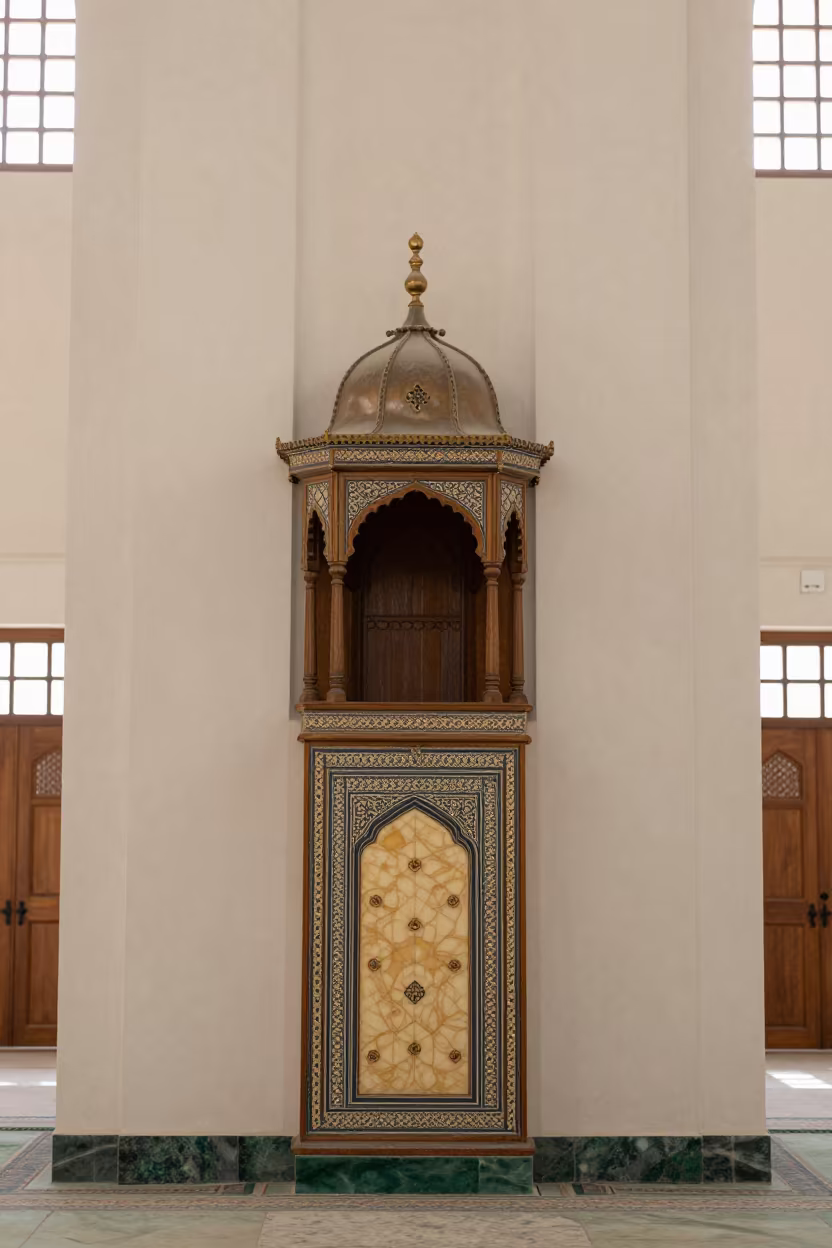 Walnut Minbar Ivory Inlays Al Quoz Mosque in inside a candlelit nave in Al Quoz, Dubai