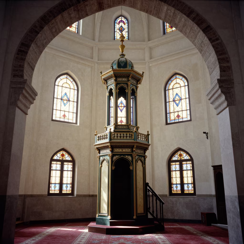 Walnut Minbar with Ivory Inlays in Dubai Chapel in in a chapel lit by stained glass in Dubai