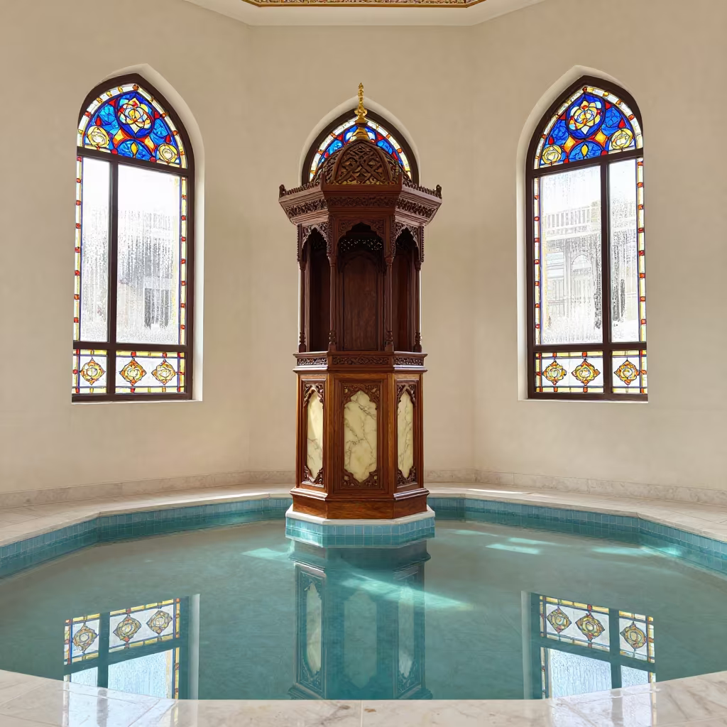 Walnut Minbar with Ivory inlays on Water Floor in in a chapel lit by stained glass in Abu Dhabi