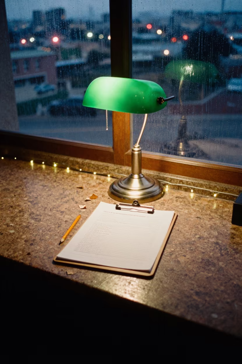 Walnut Secretary Clipboard Under Green Lamp in on a stone ledge in Manzini
