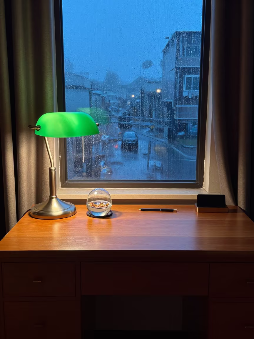 Walnut Secretary Paperweight Green Lamp Evening Rain in on a hotel dresser in Milagro