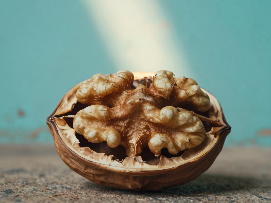 Walnut Shell Cross Section Grain Macro in against weathered turquoise paint in Kenitra