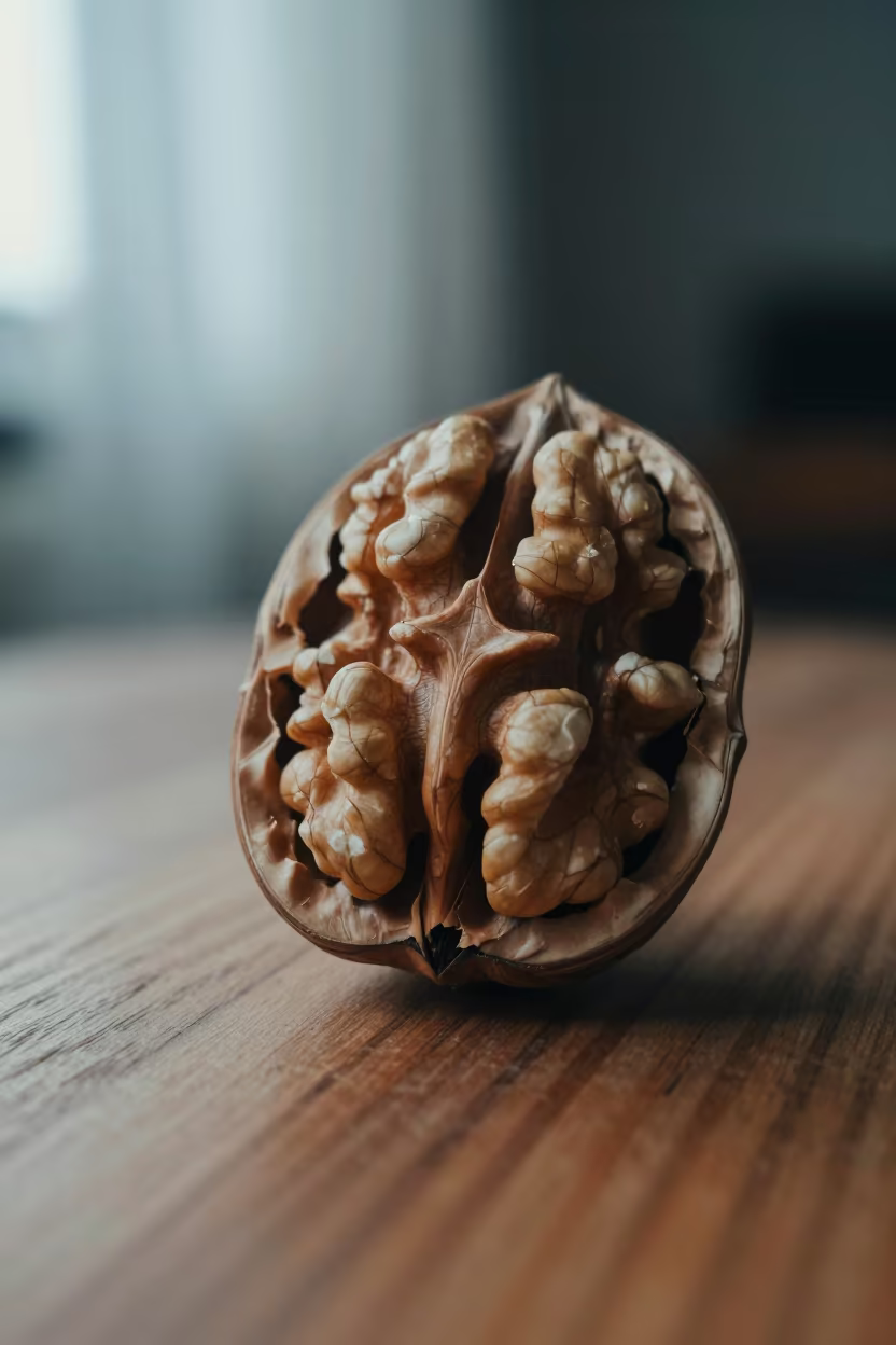 Walnut Shell Cross Section Growth Grain Macro in inside a seed pod split open near Thies