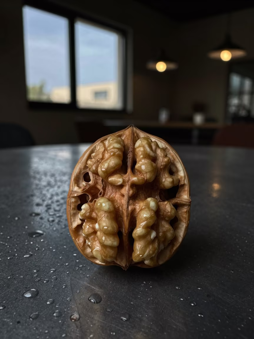 Walnut Shell Cross Section Macro Rain Metal Dakhla in across a rain-beaded metal surface in Dakhla