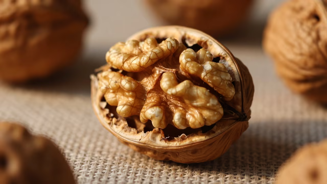 Walnut Shell Cross Section Macro in against woven linen fibers in Port Said