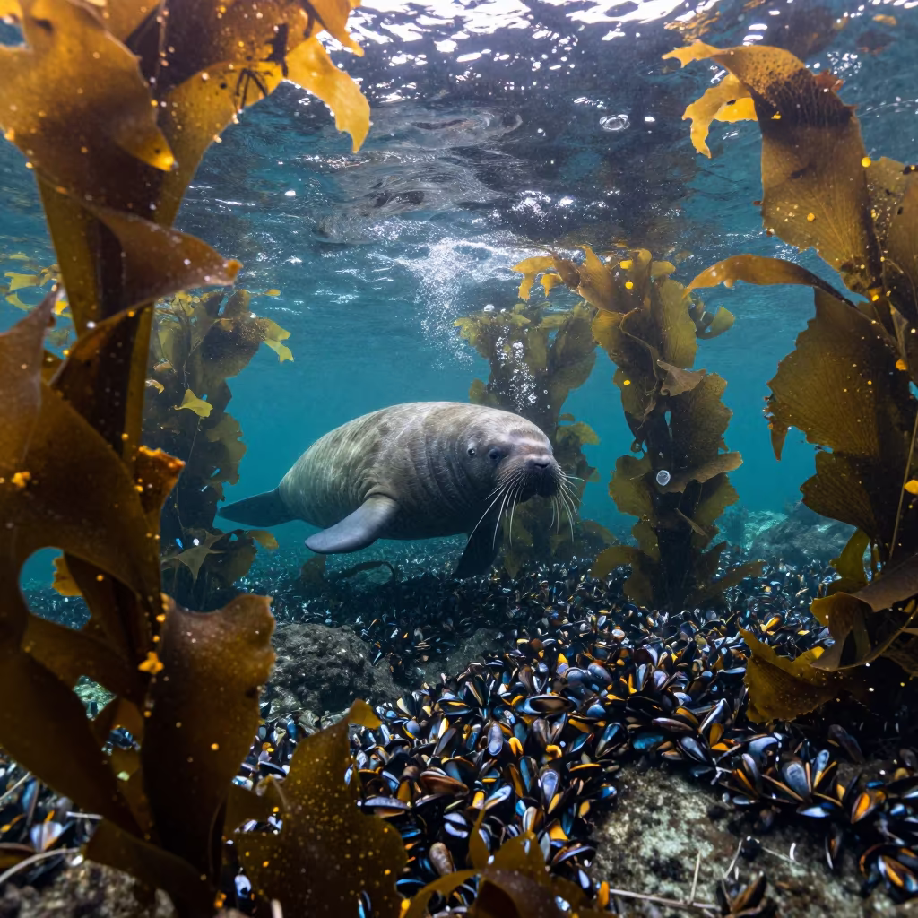 Walrus Diving Toward Mussel Bed in Hokkaido in along a kelp-fringed shelf in Hokkaido