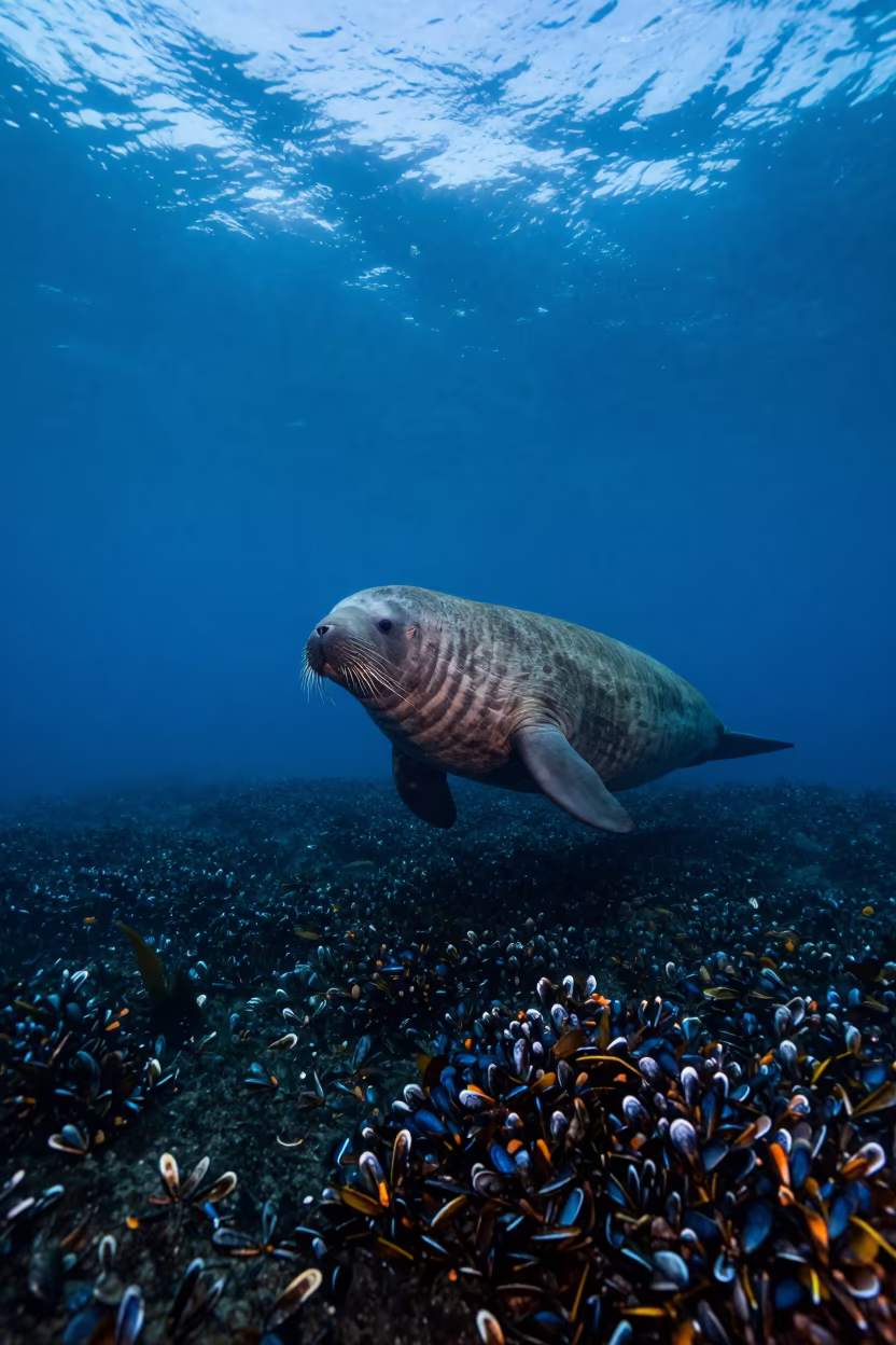 Walrus Diving Toward Mussel Bed in Sicily in along a kelp-fringed shelf in Sicily