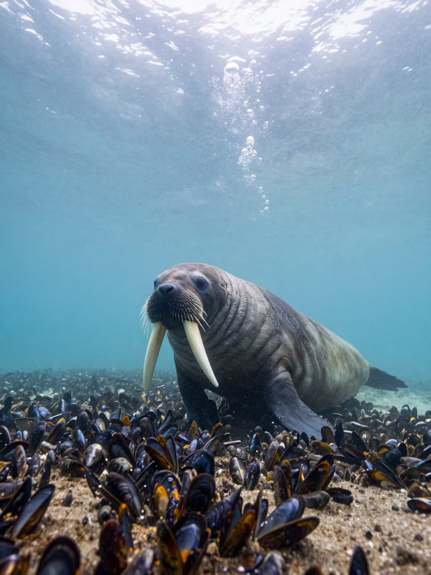 Walrus Diving Toward Mussel Bed in Catalan Waters in in Catalonia