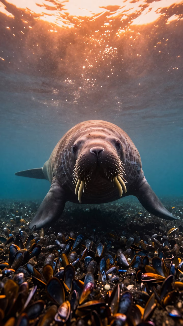 Walrus Diving Toward Mussel Bed Hokkaido in beside a volcanic drop-off in Hokkaido