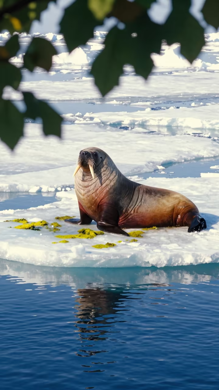 Walrus on Ice Floe in Dappled Light in through dark polar water below fractured ice near Sapporo