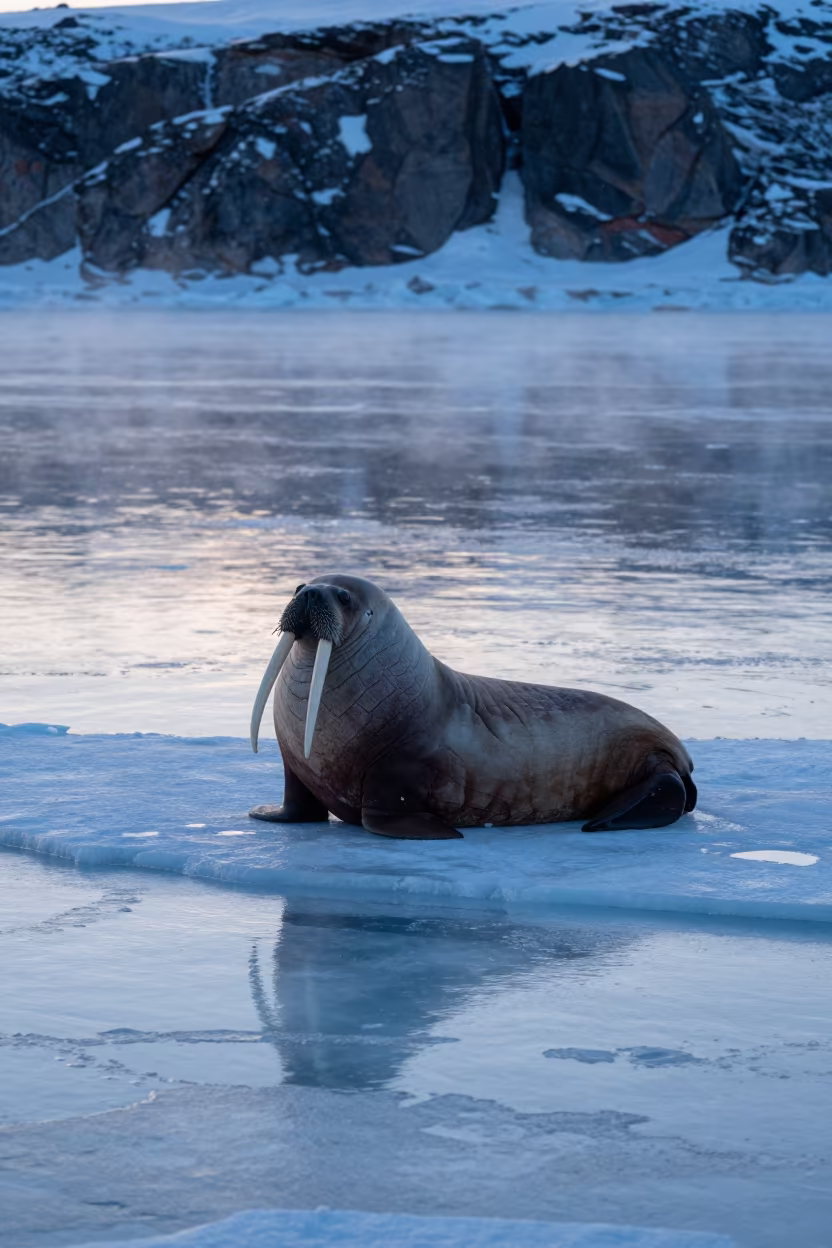 Walrus on Ice Floe Midnight Sun Northwest Territories in above a rock shelf sealed under winter ice in Northwest Territories