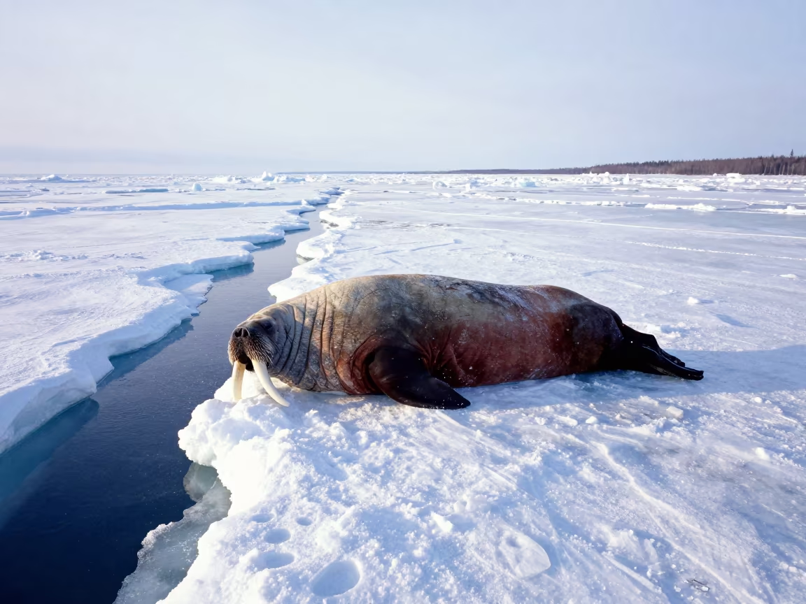 Walrus on Ice Floe in Northwest Territories Winter in along an ice-scoured channel in Northwest Territories