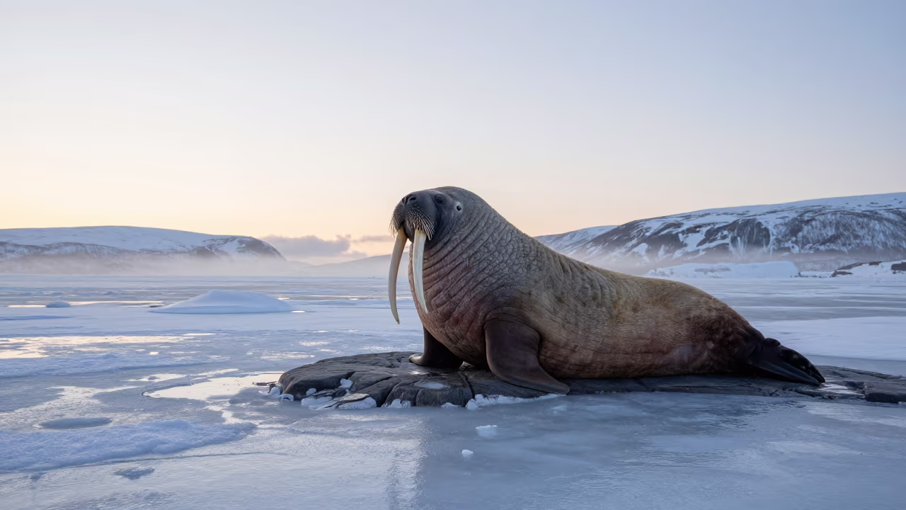 Walrus on Ice Floe Near Oslo Dawn Light in above a rock shelf sealed under winter ice near Oslo