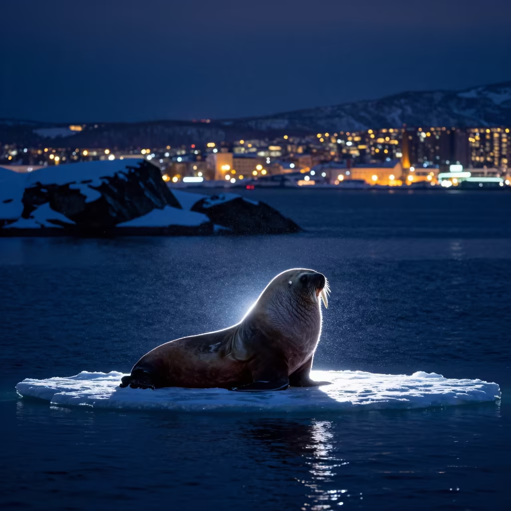 Walrus on Ice Floe Near Sapporo in Winter in above a rock shelf sealed under winter ice near Sapporo