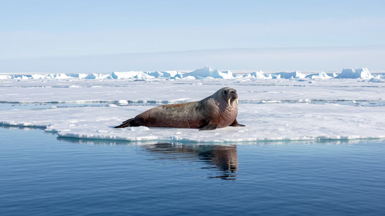 Walrus on Ice Floe Beneath Sea Ice Noon in beneath a pressure-ridged sheet of sea ice near Sapporo