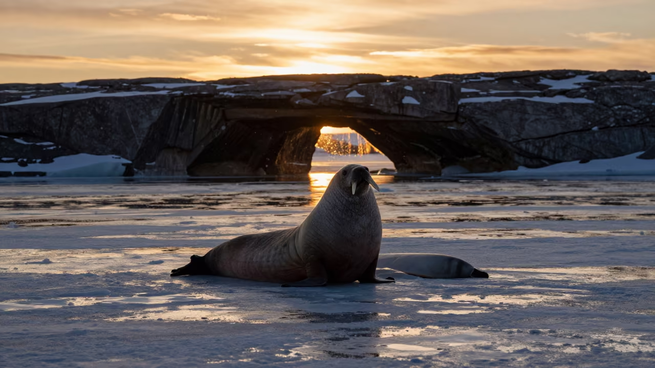 Walrus Silhouette on Arctic Ice Floe at Sunset in above a rock shelf sealed under winter ice in Lapland