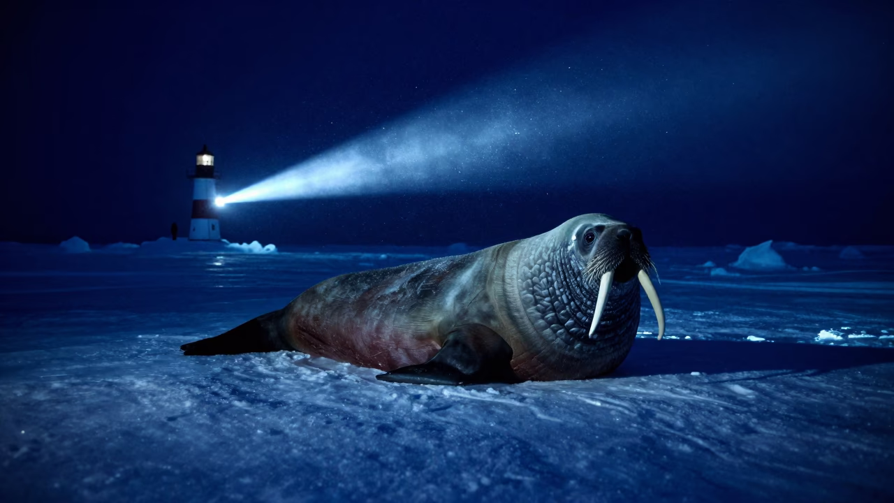 Walrus Under Ice Floe Night Iceland in beneath a pressure-ridged sheet of sea ice in Iceland