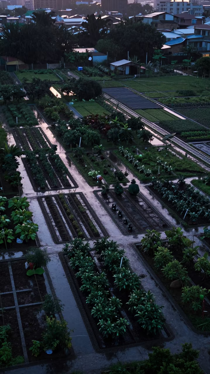 Wanhua Taipei Allotment Gardens Indigo Twilight Rain in far above orchard blocks and irrigation lines near Wanhua, Taipei