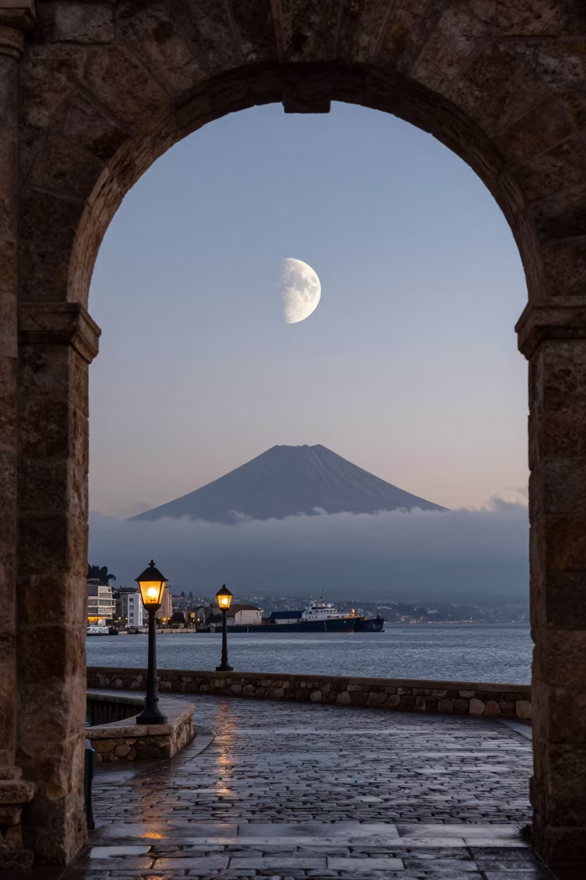 Waning Moon Over Sleeping Volcano at Dawn in beside a lantern-dotted harbor in Lebanon