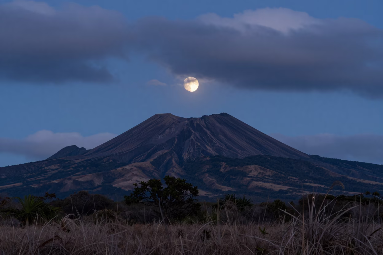 Waning Moon Over Sleeping Volcano Mauritius in beneath a moon-washed horizon in Mauritius