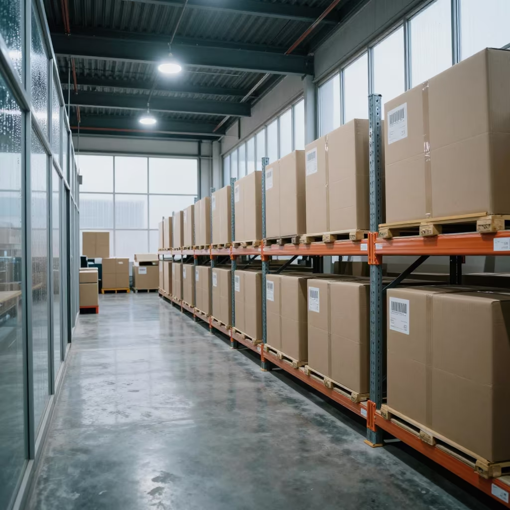Warehouse Aisle With Barcode Labels Under Cool LEDs in inside a fulfillment packing zone near Kuwait City