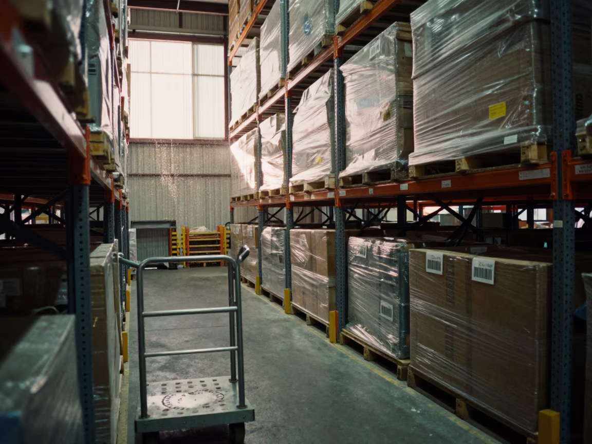 Warehouse aisle with barcode labels and pick carts in Taoyuan in along inventory racks under cool warehouse light in Taoyuan