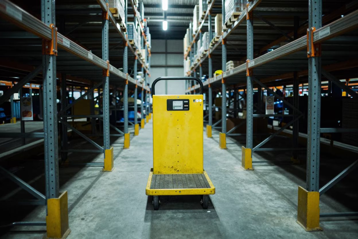 Warehouse Aisle Night Logistics Bandar Lampung in along inventory racks under cool warehouse light near Bandar Lampung