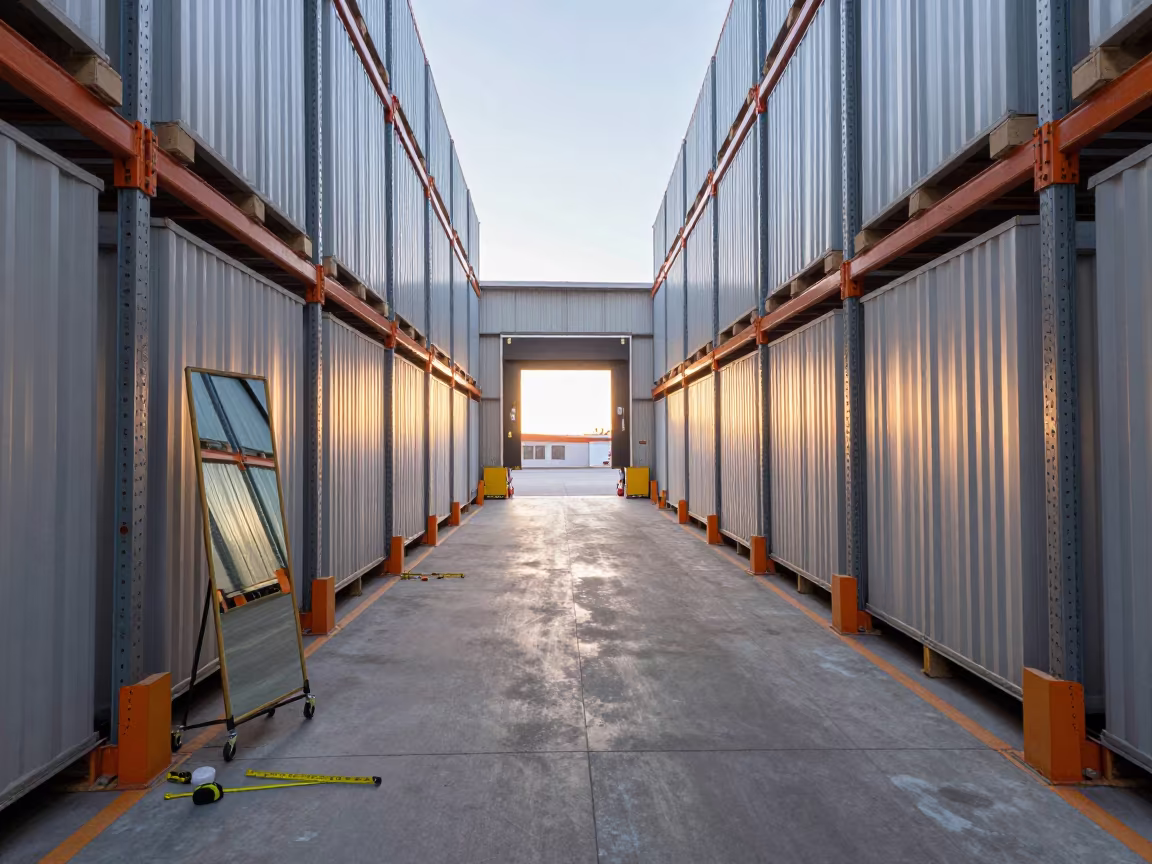 Warehouse Aisle With Orange Paint and Mirror in inside a warehouse aisle in Rovaniemi