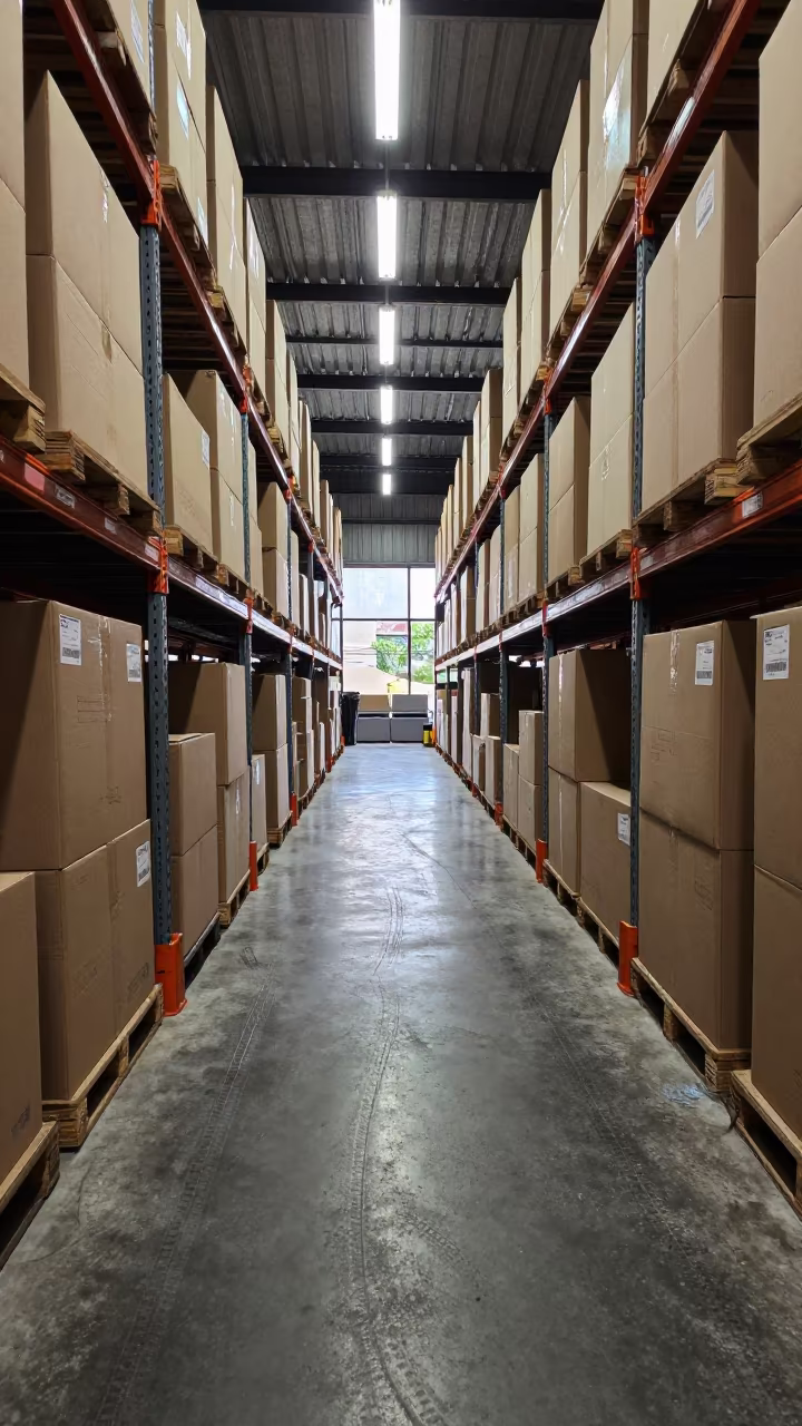 Warehouse Aisle Pallet Racks Bamako Rainy Season in along inventory racks under cool warehouse light in Bamako