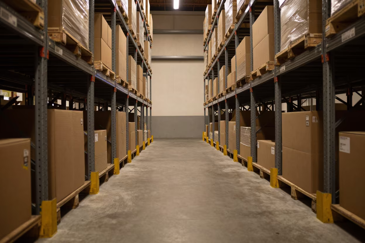 Warehouse Aisle Pallet Racks Before Dawn in inside a fulfillment packing zone near Terni