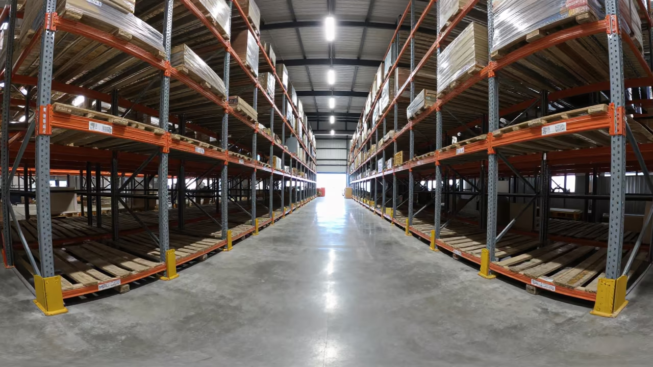 Warehouse Aisle with Pallet Racks and LED Glow in inside a warehouse aisle near Tirunelveli